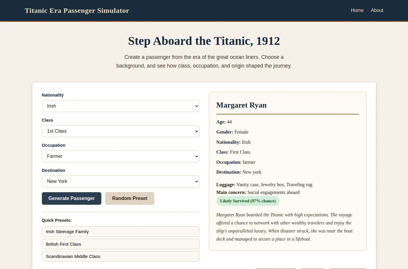 Screenshot of Titanic Era Passenger Simulator interface showing the project page in use